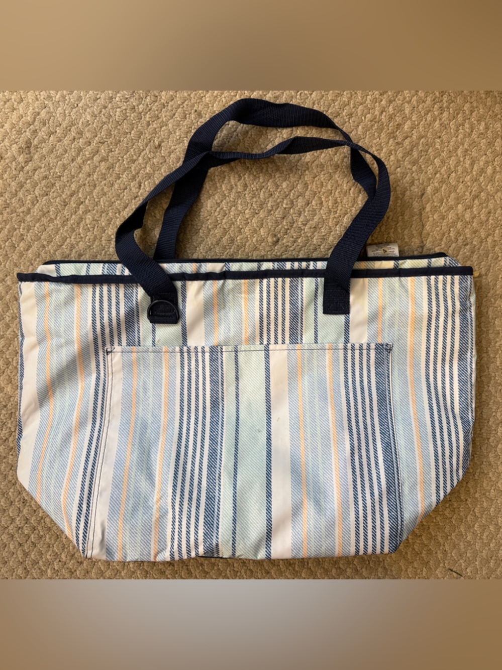 Striped Canvas Tote Cooler Bag in Light Blue, Navy & Cream